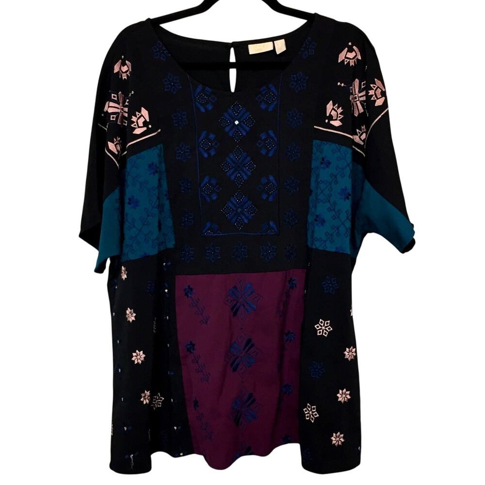 LOGO Lavish Beaded Embroidered Blouse Sz: 1X Scoop Neck Artsy Lagenlook Chic